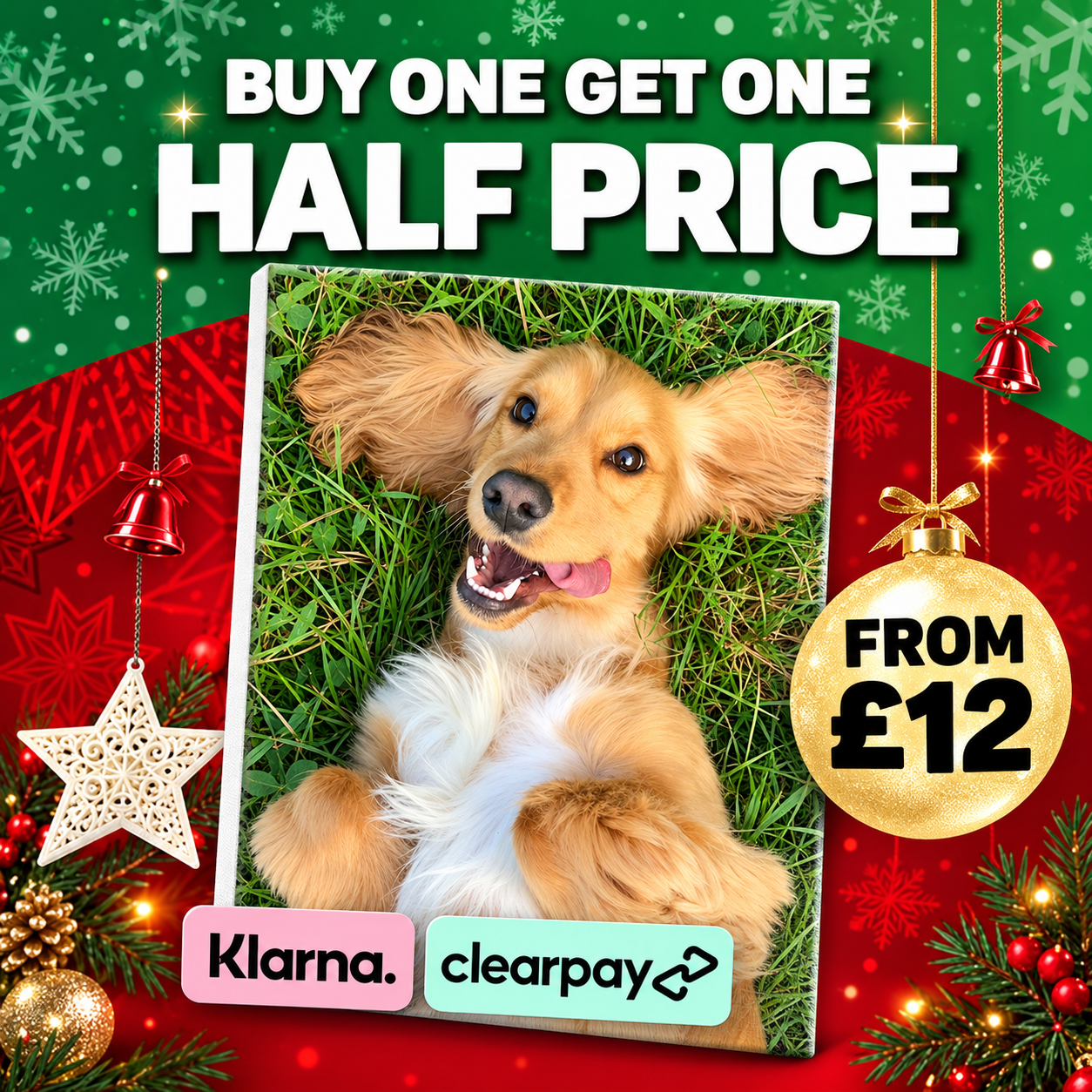 Christmas personalised dog canvas print promotion with Buy One Get One Half Price, canvas prints from £12, Klarna and Clearpay