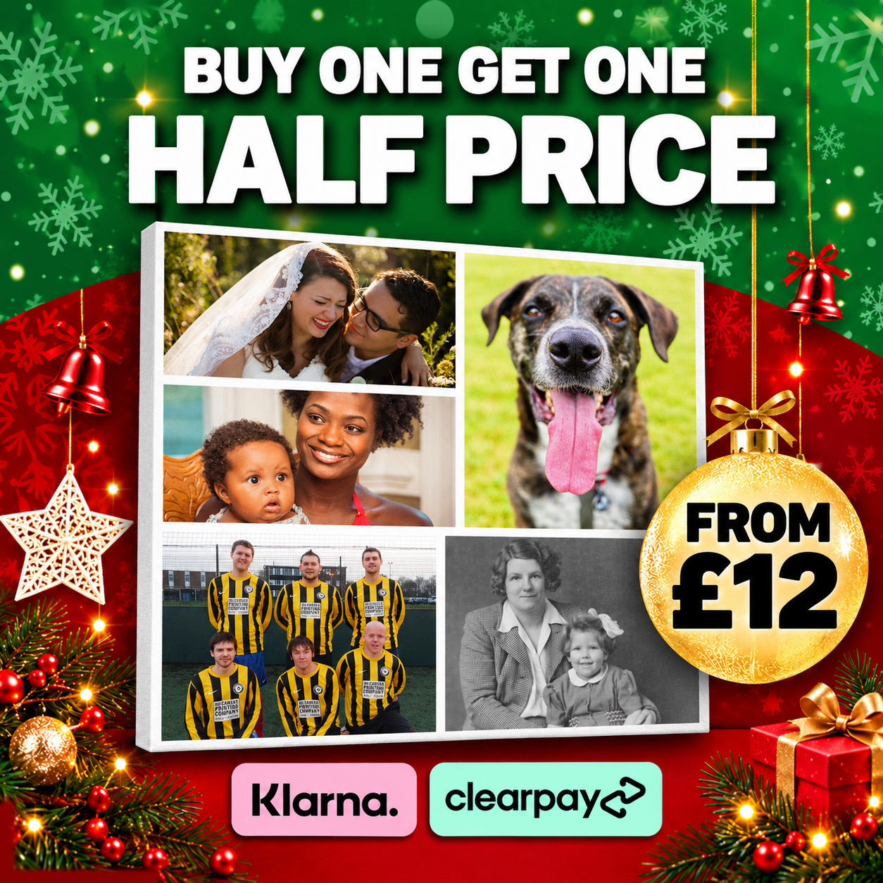 A Christmas themed personalised photo collage canvas print featuring wedding, baby, pet, sports and vintage family photos with Buy One Get One Half Price, from £12, Klarna and Clearpay.