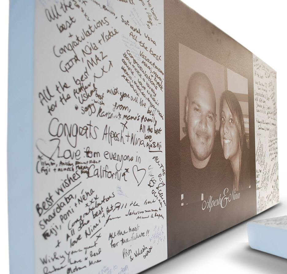 Custom wedding signing board canvas with guests writing messages and signatures