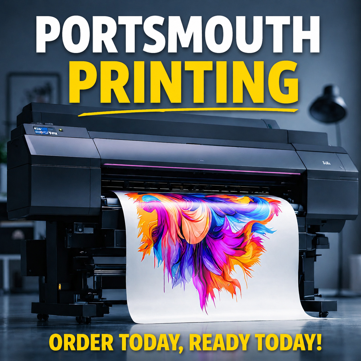 Portsmouth printing promotional image showing a large format printer producing a colourful poster, with bold text reading Portsmouth Printing and Order Today, Ready Today.