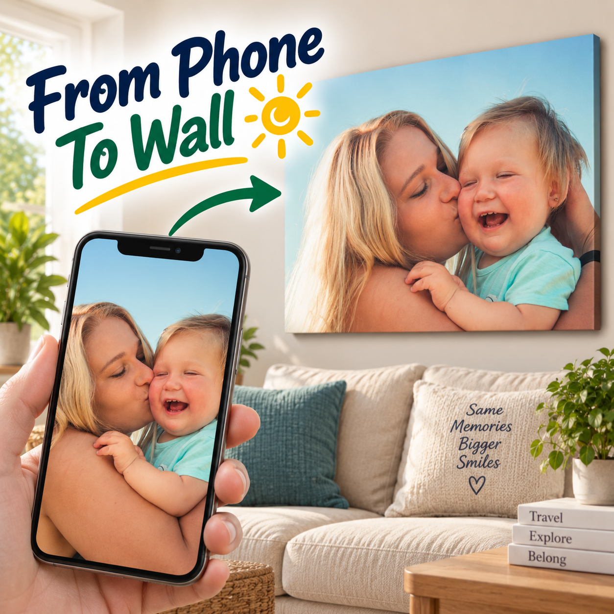 Mother and baby photo shown on a mobile phone and transformed into a personalised canvas print on the wall