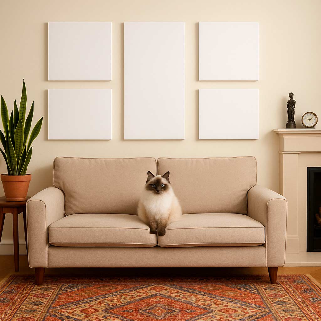 Blank canvas gallery wall above a sofa showing ideas for personalised family and pet canvas prints