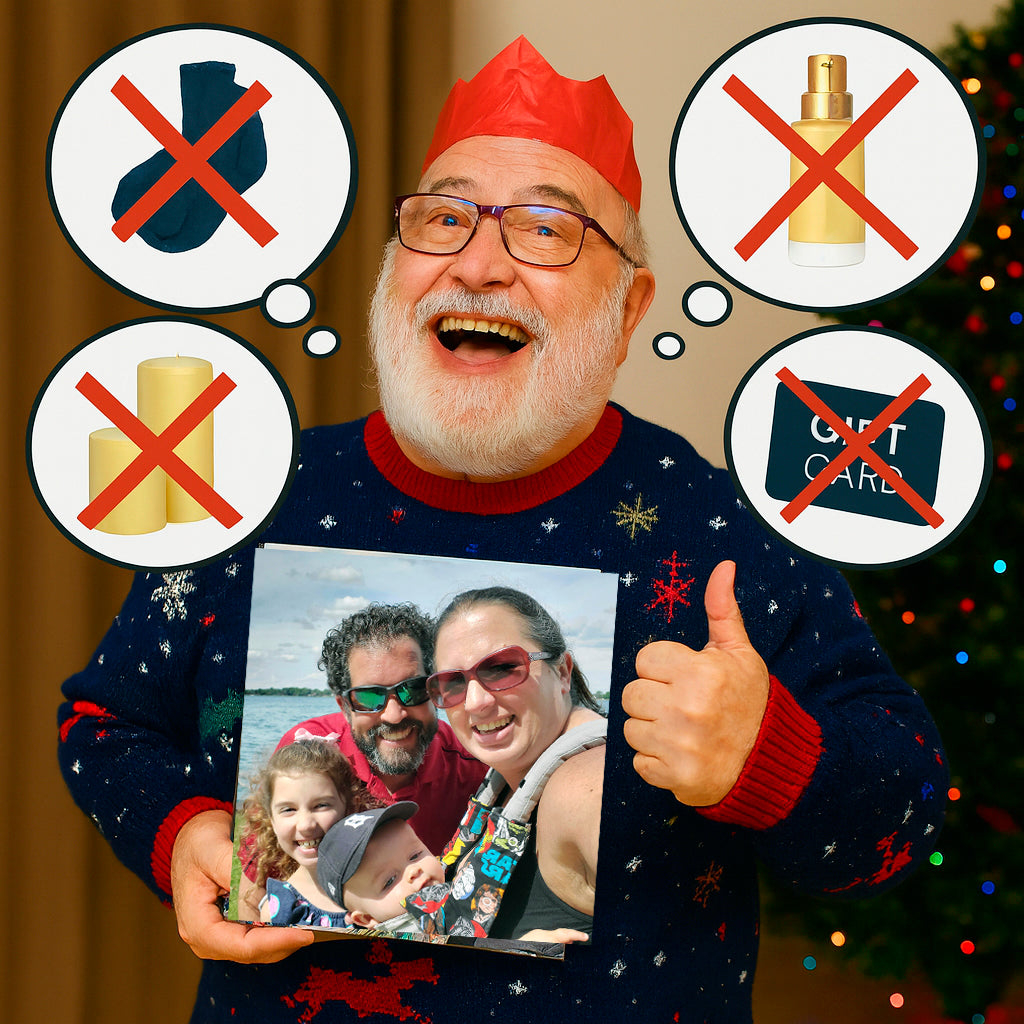 Christmas personalised canvas gift promotion showing a man holding a family photo canvas