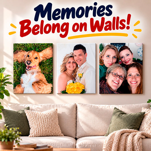Three personalised canvas prints showing a dog, wedding couple and family and friends displayed above a sofa with Memories Belong on Walls wording